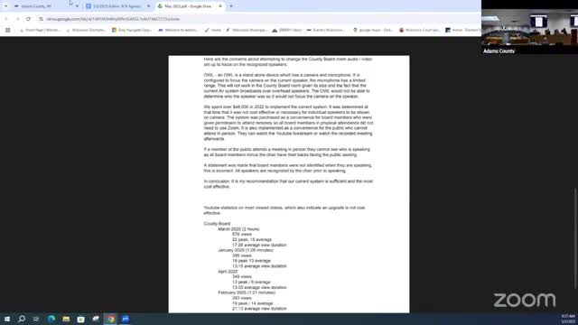 IT director says integrating 'Owl' camera into county meeting system would cost tens of thousands; viewership data questioned