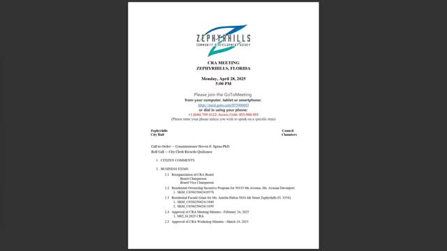 Zephyrhills CRA re‑elects chair, approves $5,000 ownership incentive and moves tree, parks work forward