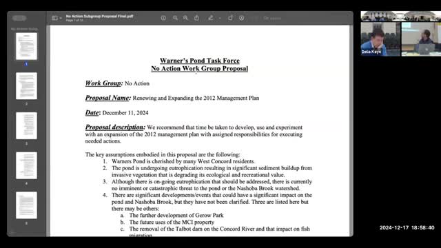 Task force debates 'no action' management plan for Warner's Pond; members push for clearer metrics and five-year review