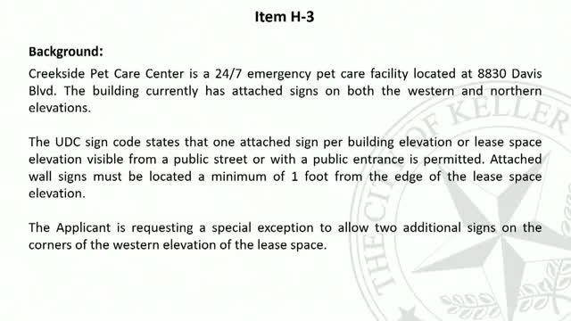 Keller Council considers special exception for Creekside Pet Care Center signage
