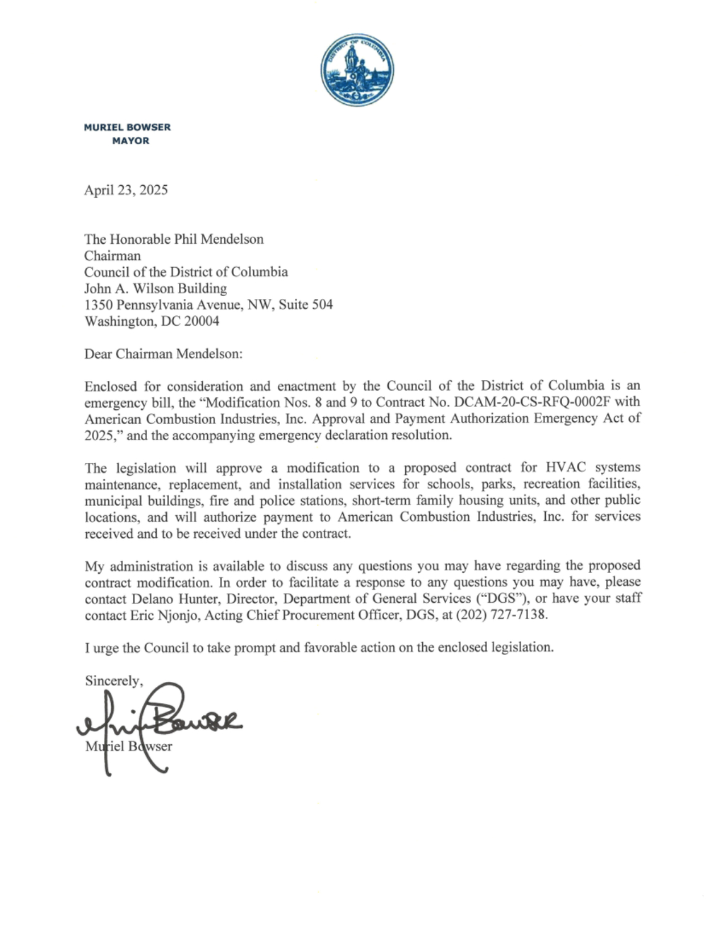Mayor Bowser submits emergency HVAC contract modification to DC Council