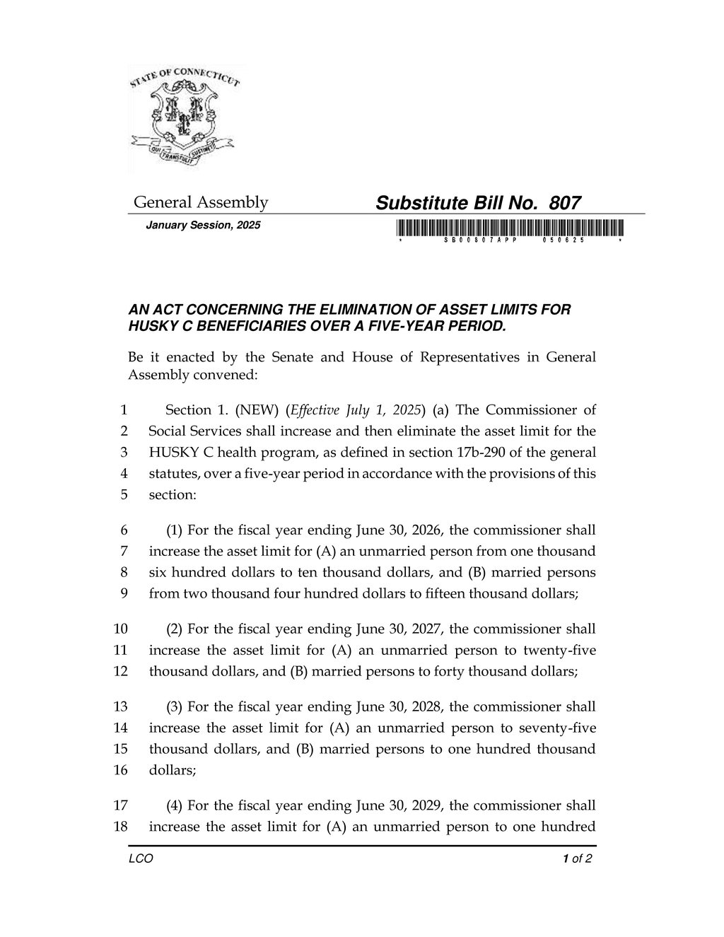 Connecticut General Assembly moves to eliminate asset limits for HUSKY C beneficiaries