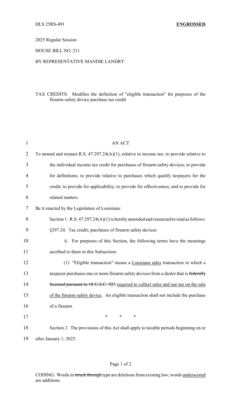 Representative Mandie Landry revises firearm safety device tax credit eligibility in Louisiana