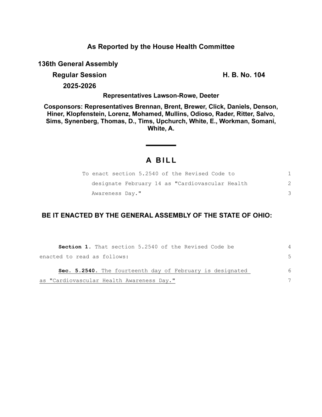 Ohio General Assembly designates February 14 as Cardiovascular Health Awareness Day
