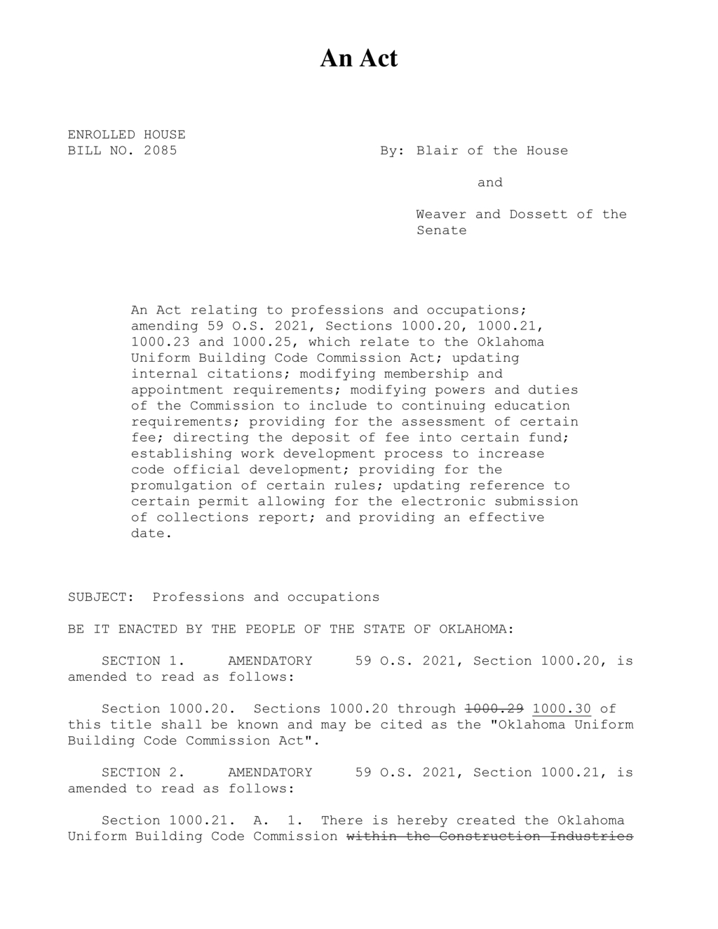 Oklahoma creates Uniform Building Code Commission with thirteen appointees