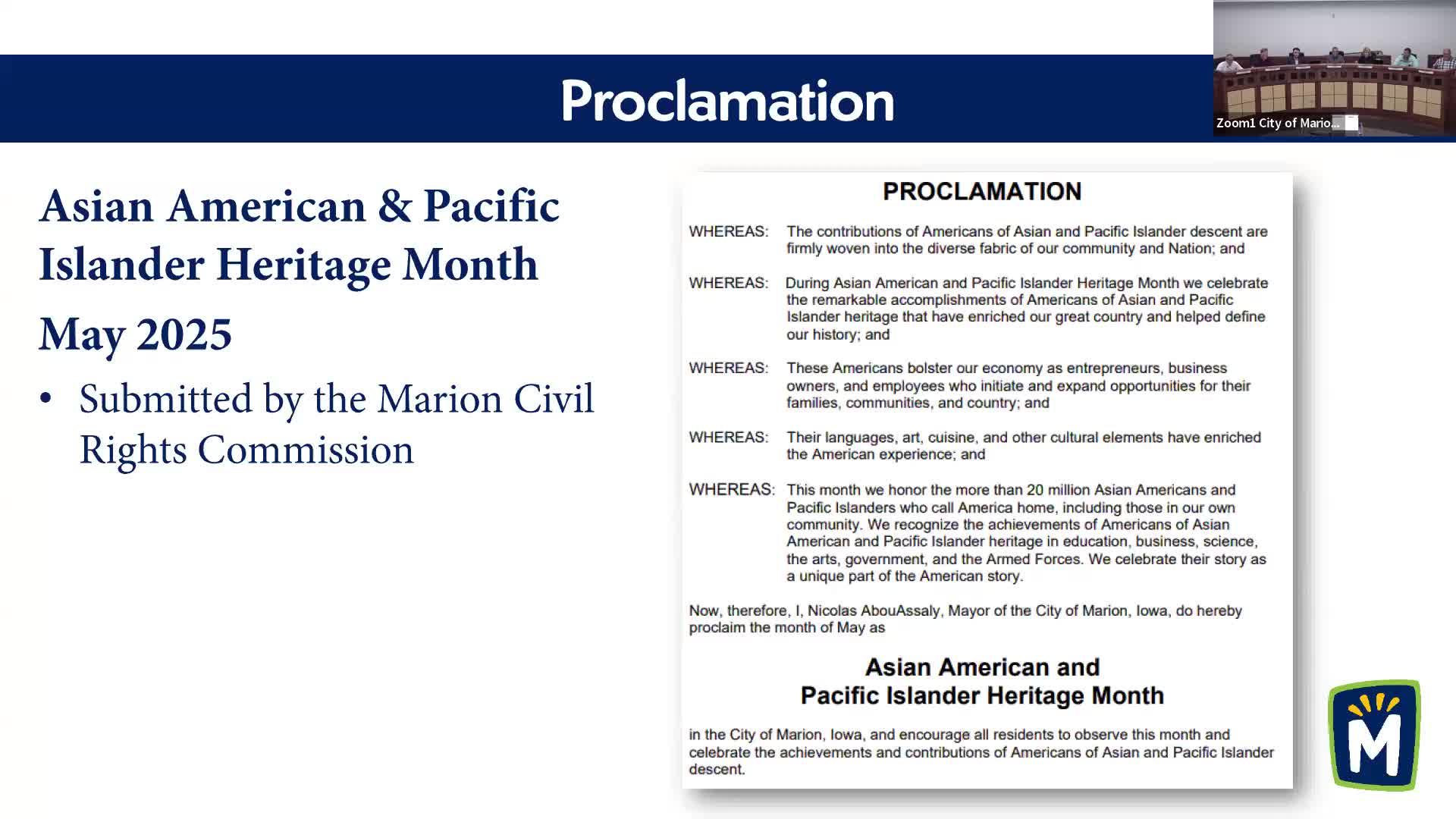 Mayor Nabuasili proclaims May as Asian American and Pacific Islander Heritage Month in Marion