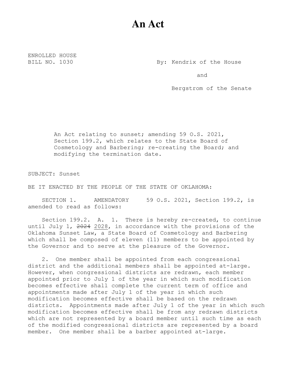 Oklahoma Legislature reestablishes State Board of Cosmetology and Barbering until 2028