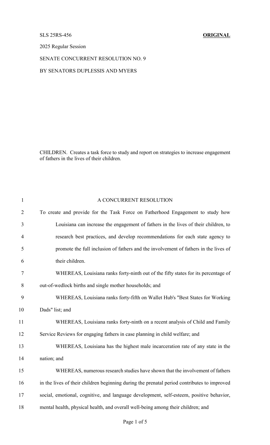 Louisiana Senate establishes Task Force on Fatherhood Engagement to enhance father involvement