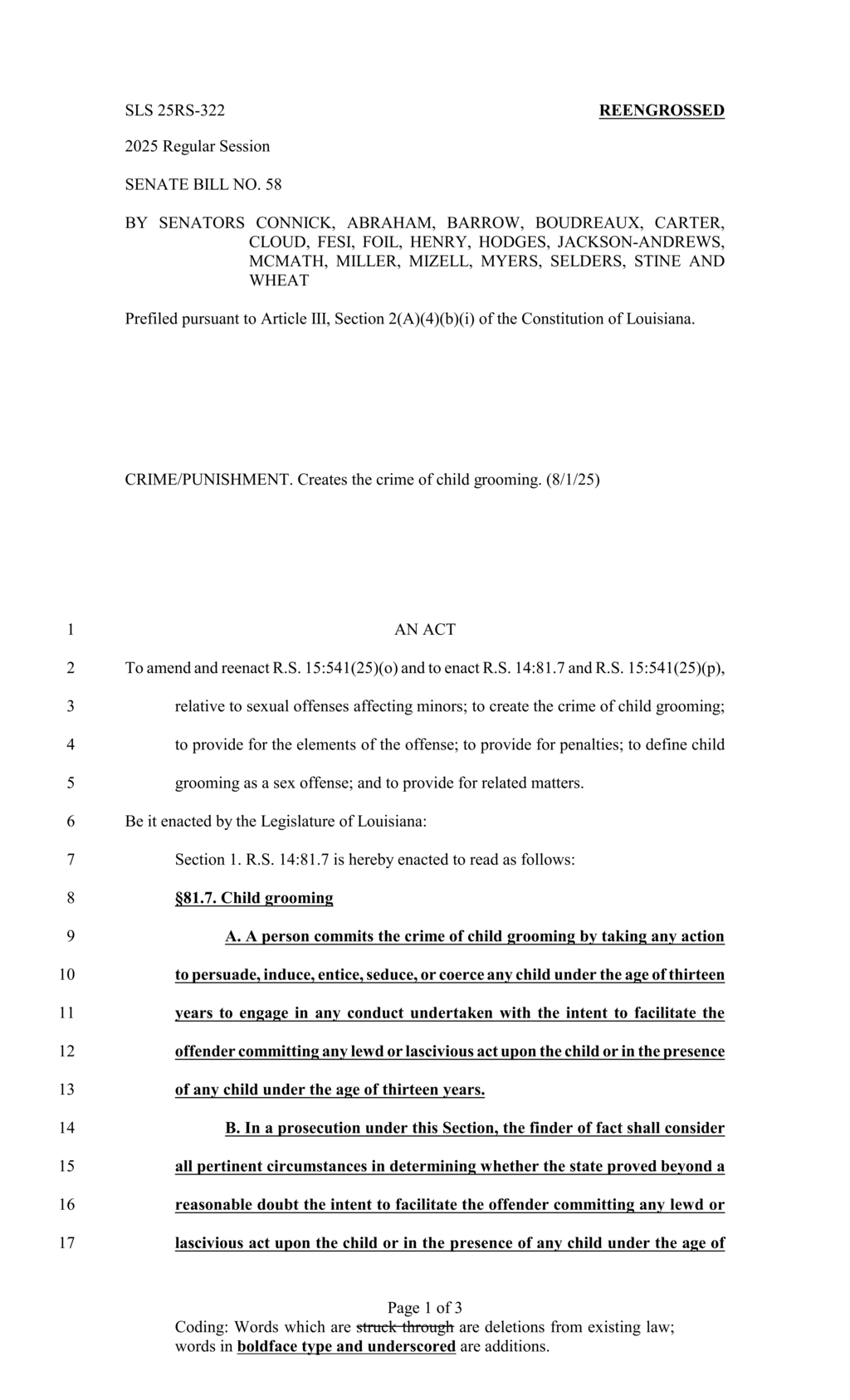 Louisiana Senate approves child grooming crime legislation effective August 2025