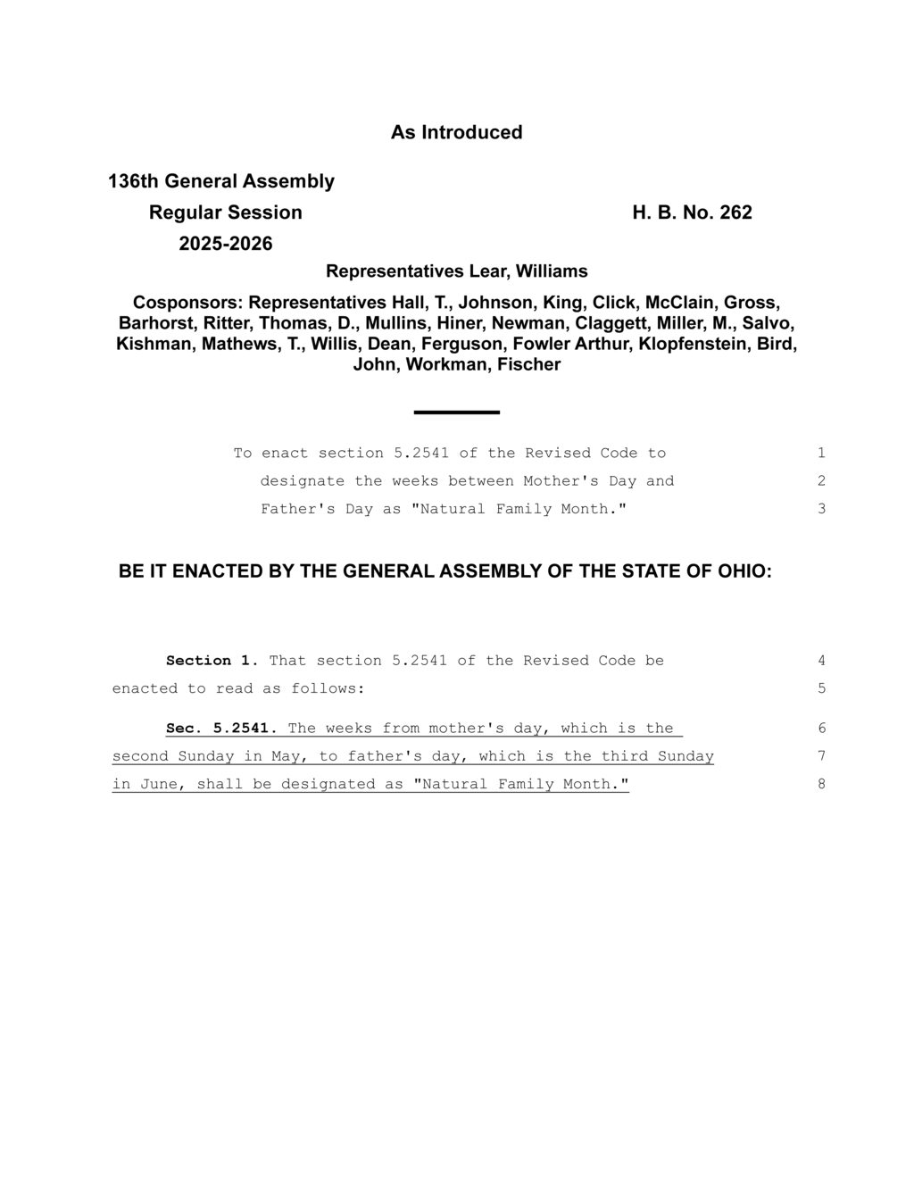 Ohio Representatives propose Natural Family Month from Mother's Day to Father's Day