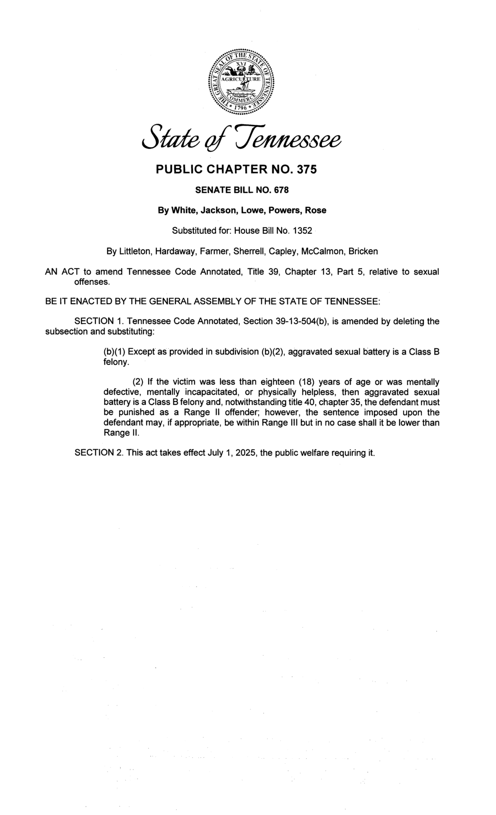 Tennessee General Assembly enacts stricter penalties for aggravated sexual battery