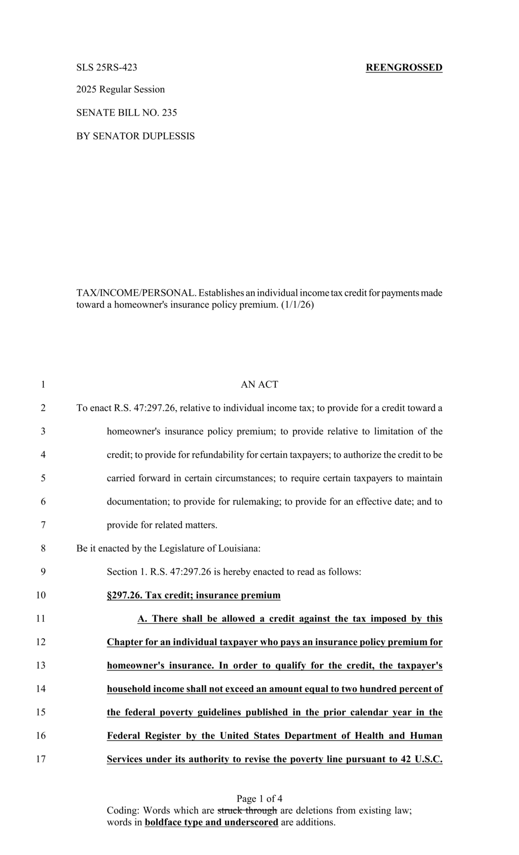 Senate passes SB 235 for homeowner insurance tax credit by Senator Duplessis