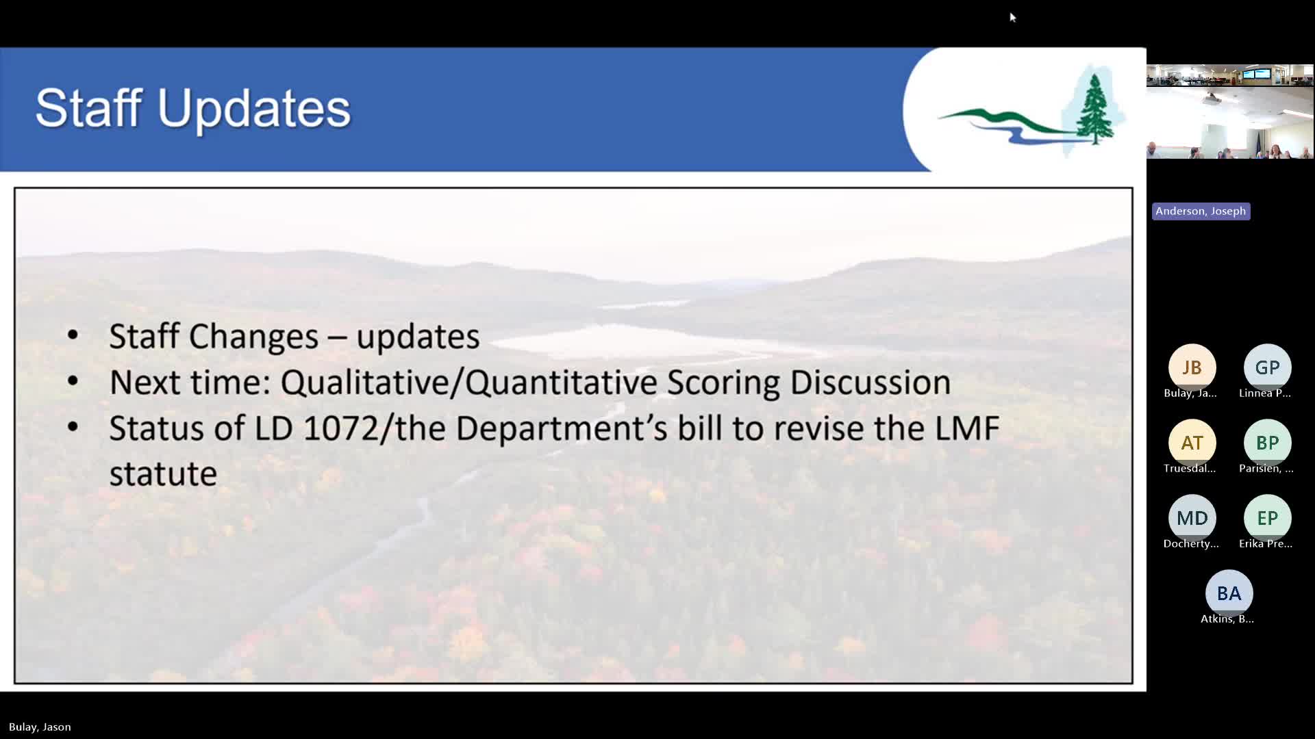 LMF staff report finances, staffing uncertainty and LB1072 status; interest allocations and project pipeline reviewed