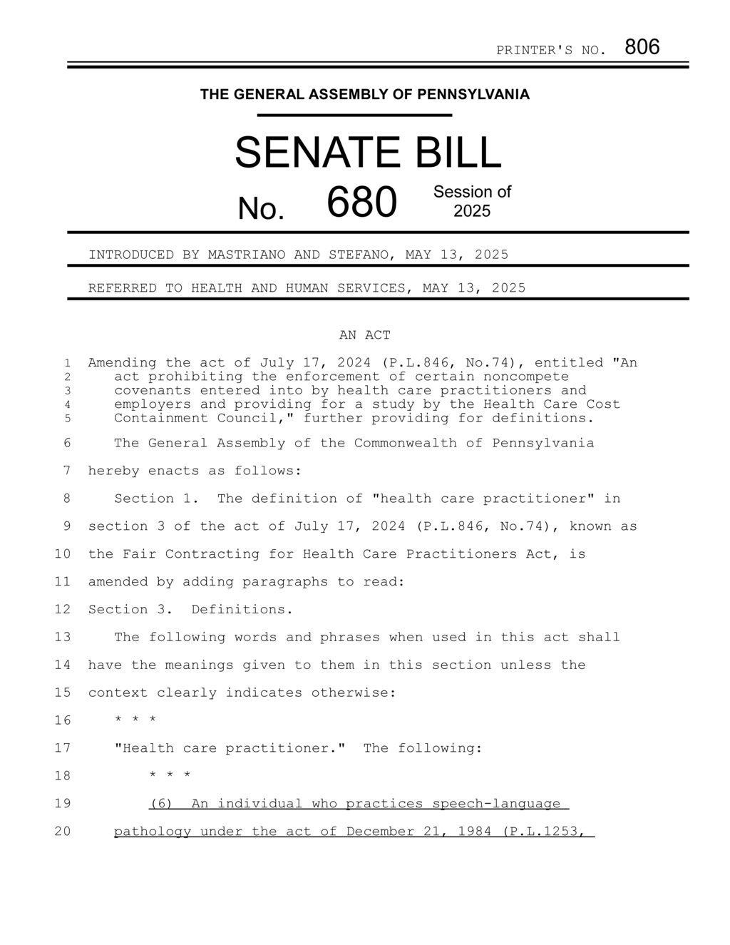 Pennsylvania Senate Bill 680 amends definitions for health care practitioners