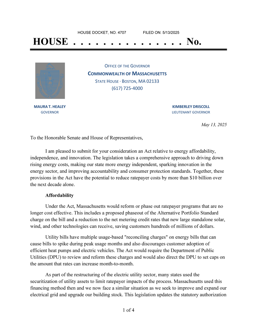 Governor Healey proposes Massachusetts energy affordability and innovation act