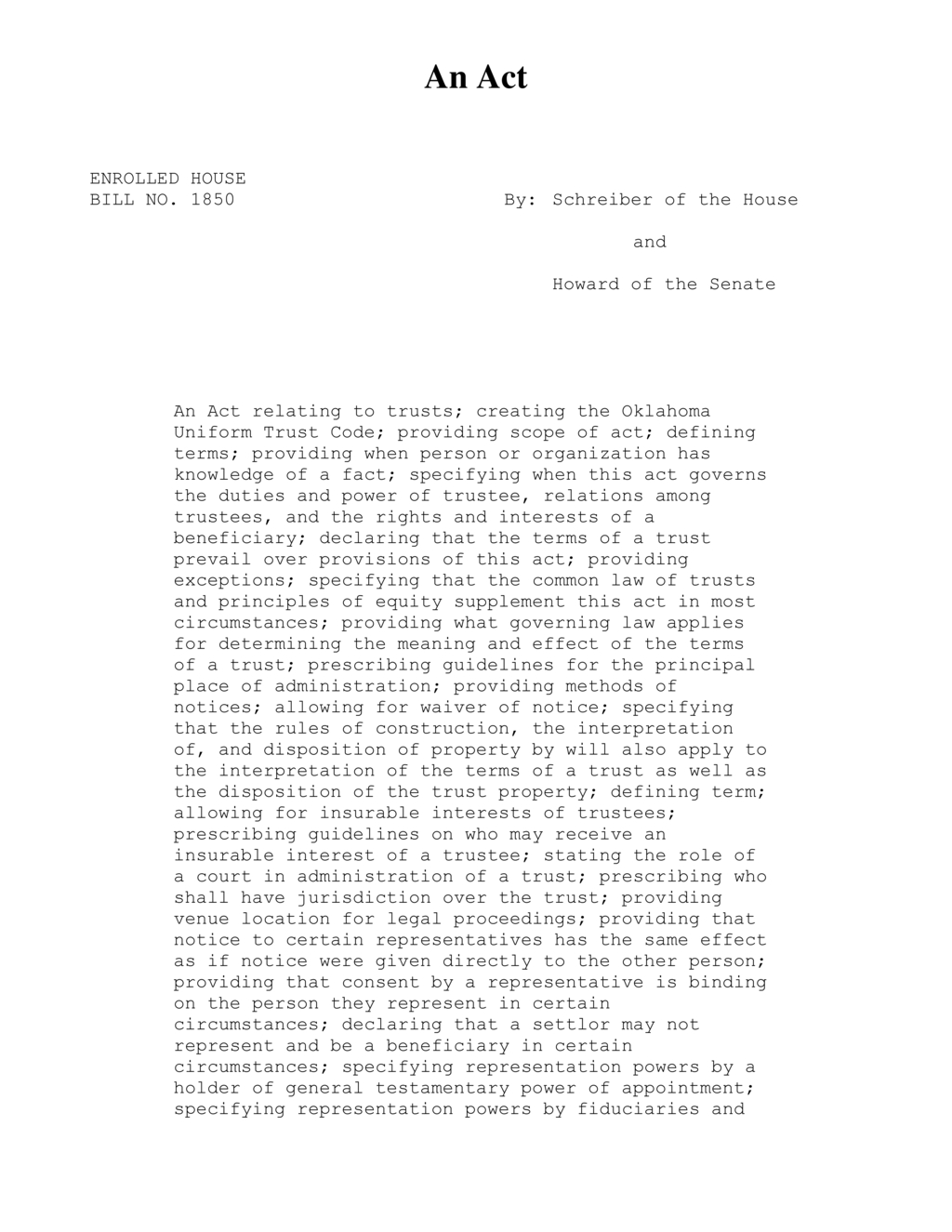 Oklahoma Legislature passes Uniform Trust Code to redefine trust administration and duties