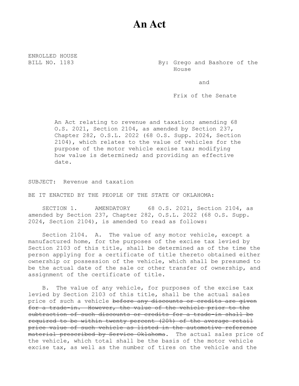 Oklahoma legislates changes to motor vehicle excise tax valuation methods