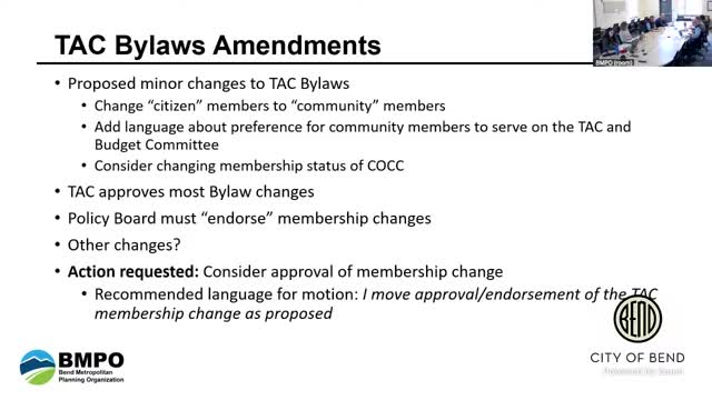 Bend MPO policy board approves amended bylaws changes, sends proposals to TAC for review
