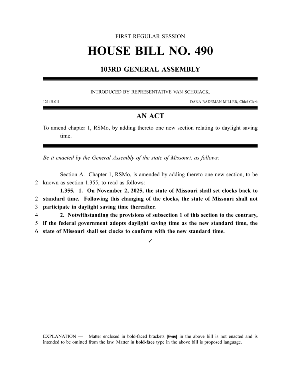 Missouri House Bill 490 ends daylight saving time from November 2025