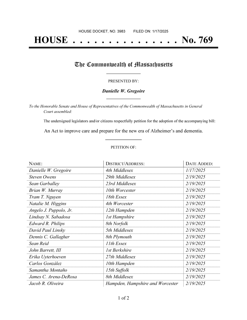 Danielle Gregoire files Massachusetts bill to enhance Alzheimer's and dementia care