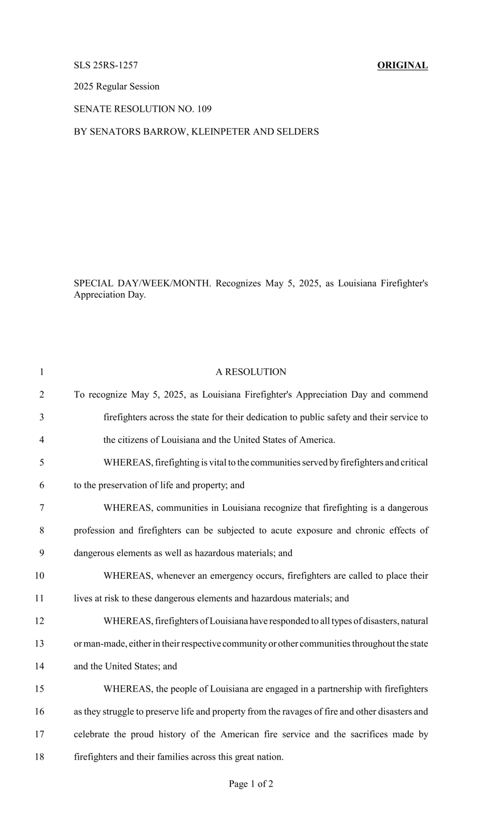Louisiana Senate declares May 5 2025 Firefighter's Appreciation Day
