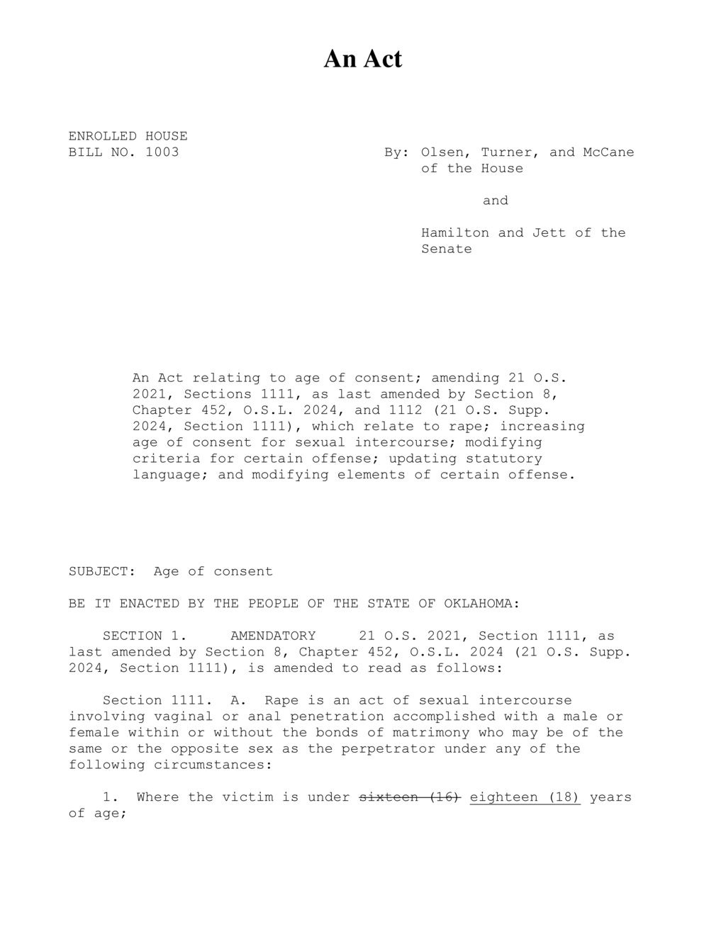 Oklahoma legislature increases age of consent and modifies rape criteria