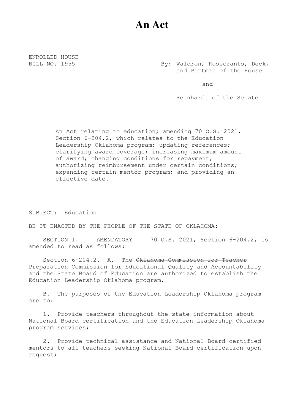 Oklahoma legislature amends Education Leadership program to enhance teacher certification support