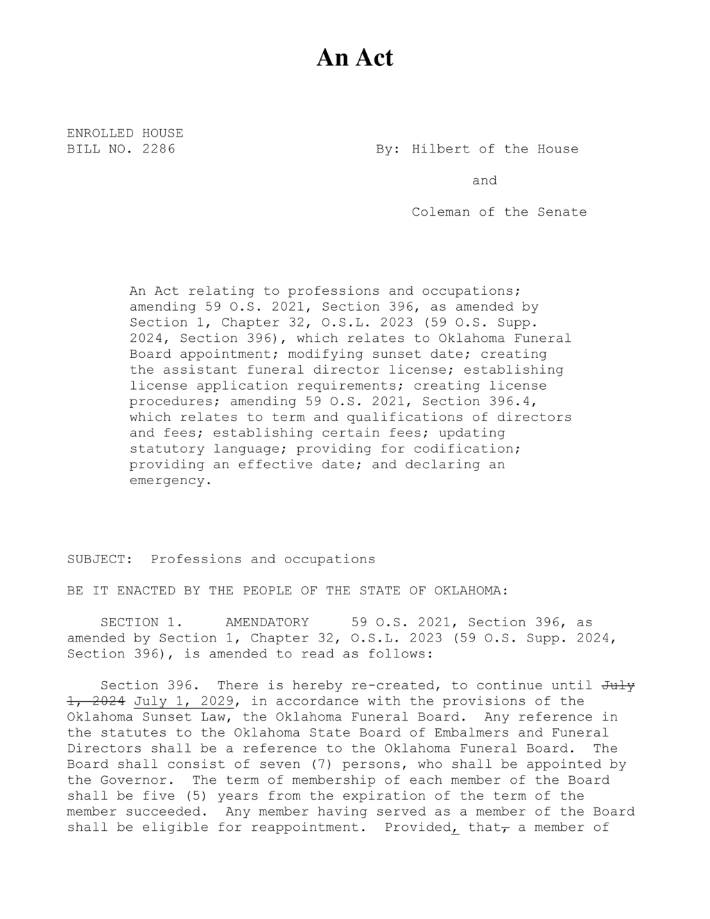 Oklahoma Governor re-establishes Funeral Board until 2029 under Sunset Law