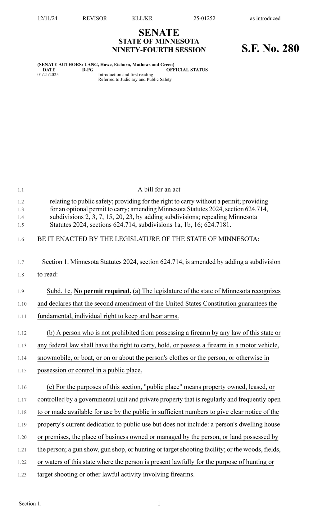 Minnesota Senate introduces bill affirming Second Amendment rights for firearm possession