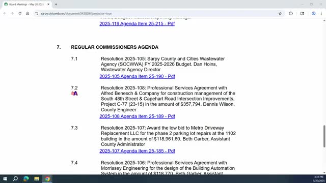 Sarpy County commissioners approve multiple contracts, awards and salary changes; construction management contract passes over one dissent