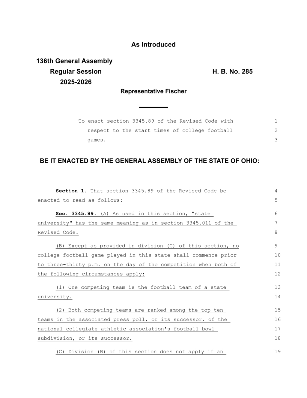 Ohio General Assembly enacts law regulating college football game start times