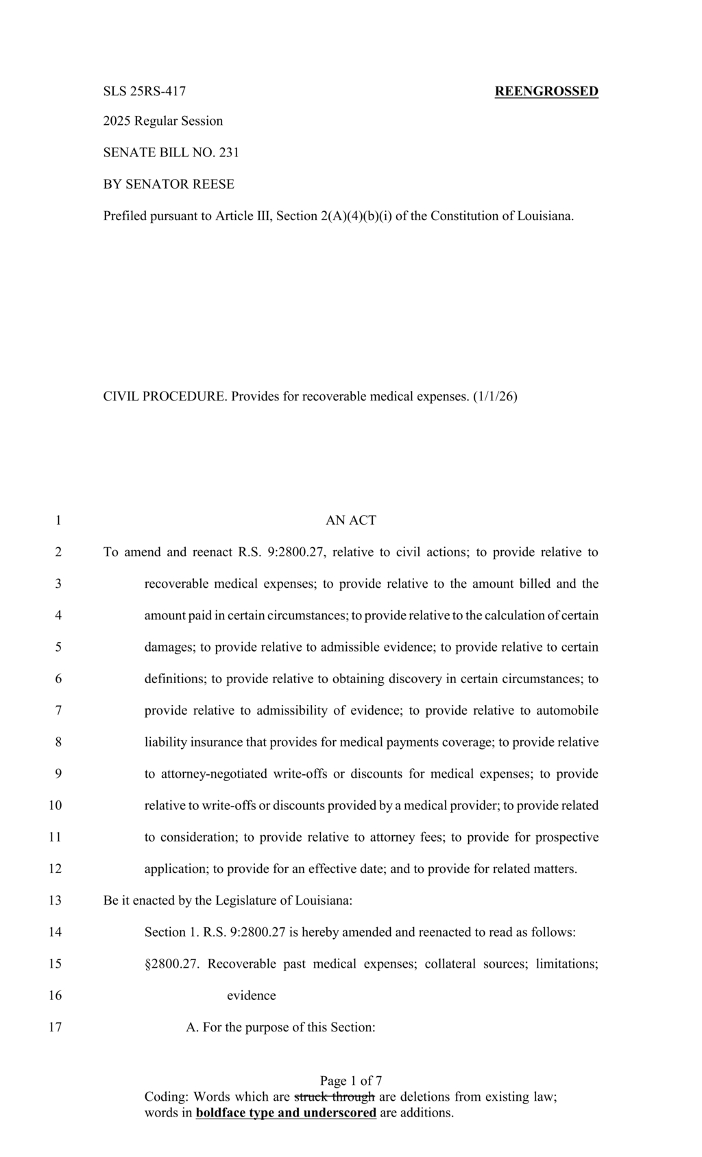 Louisiana legislators advance SB 231 on limits for recoverable medical expenses