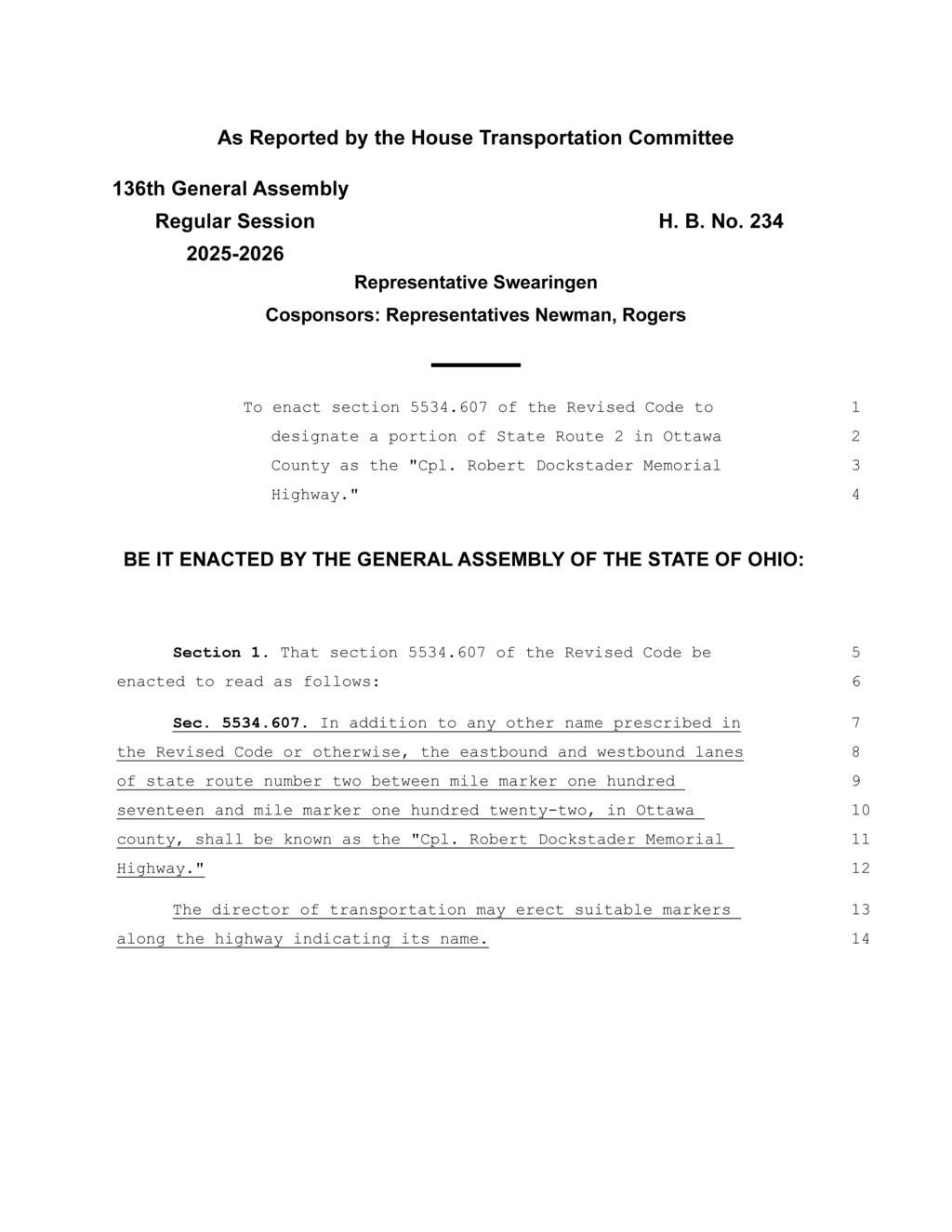 Ohio General Assembly designates State Route 2 as Cpl. Robert Dockstader Memorial Highway