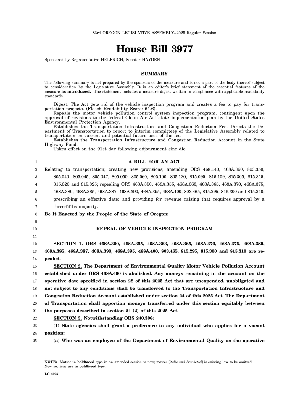 Oregon repeals vehicle inspection program and abolishes pollution account