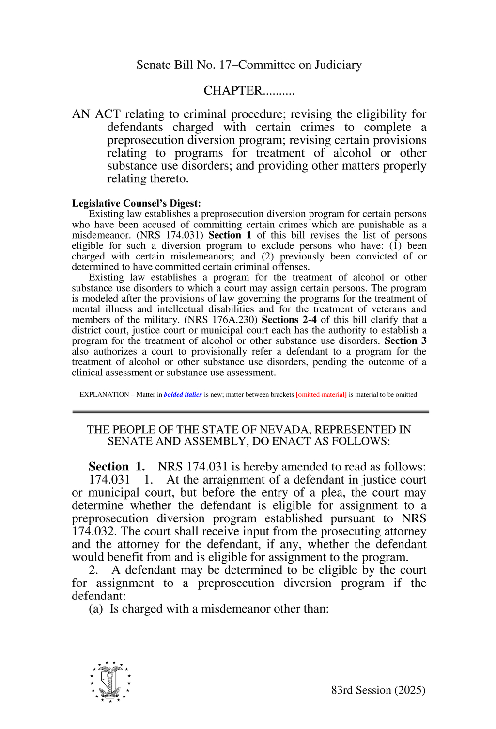Nevada legislature updates preprosecution diversion program guidelines for misdemeanor cases