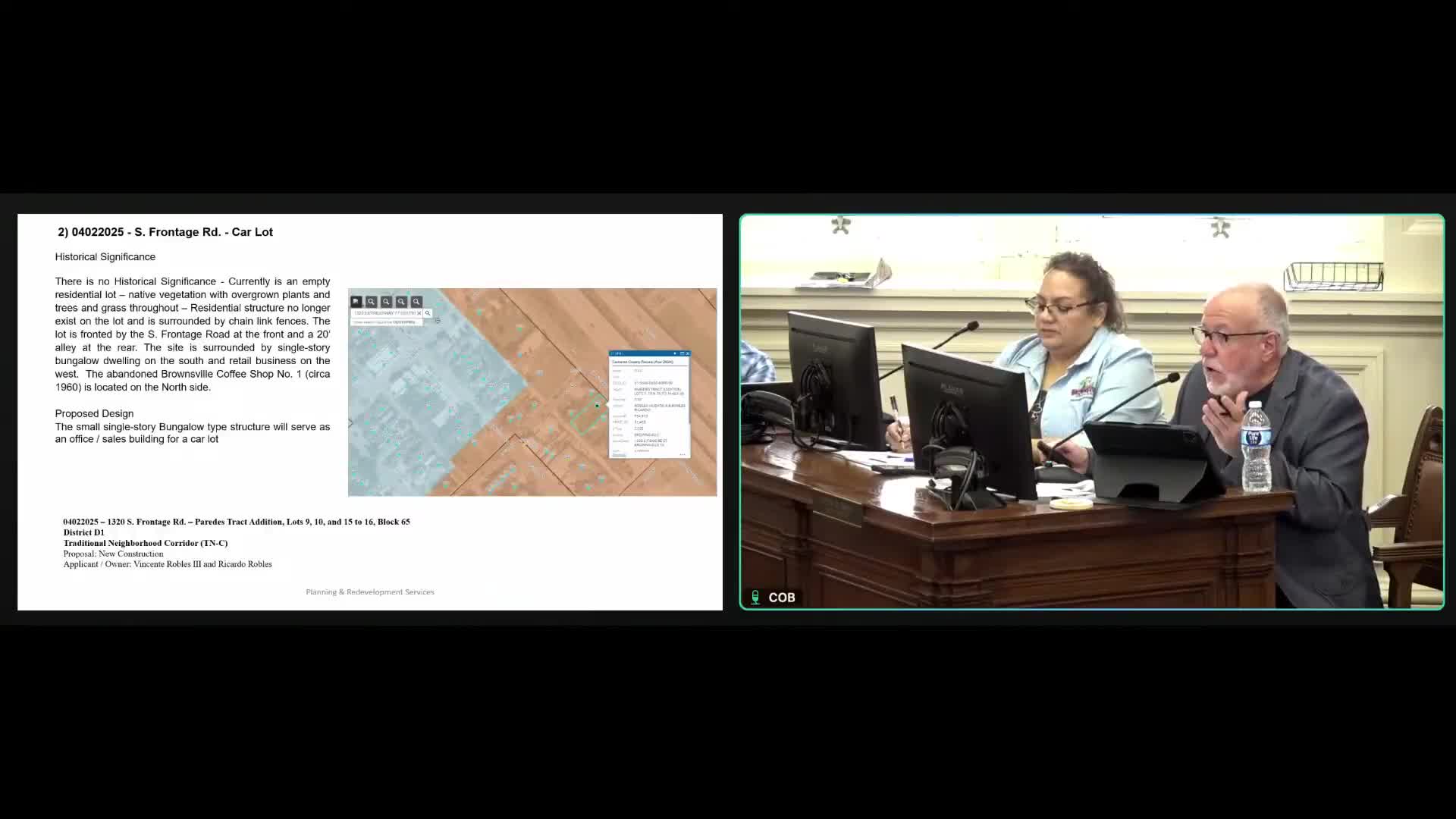 Commission approves small car‑lot plan at 1320 South Frontage Road with exterior and setback conditions