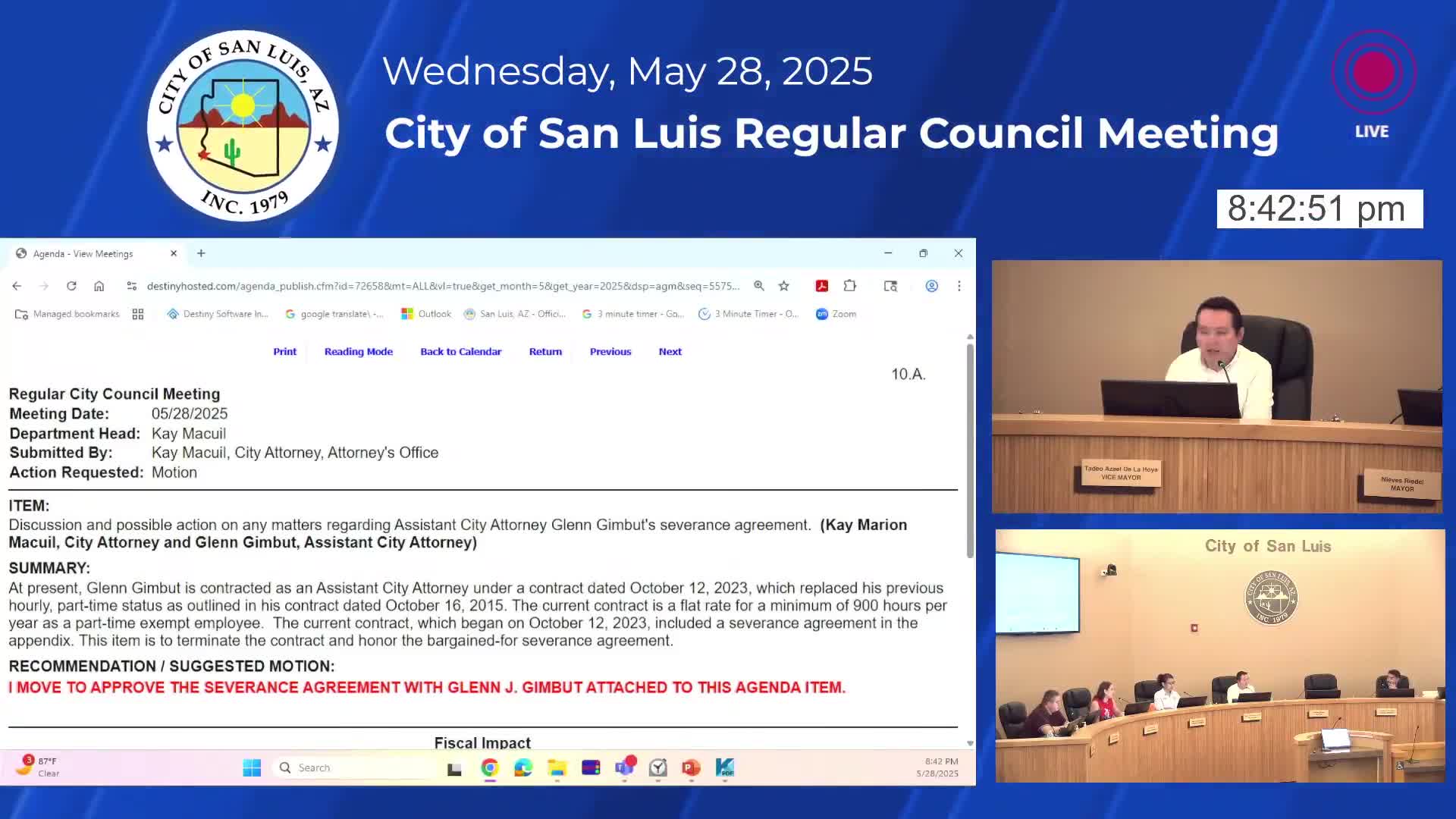 Council approves severance agreement for assistant city attorney; council thanks long‑time city attorney