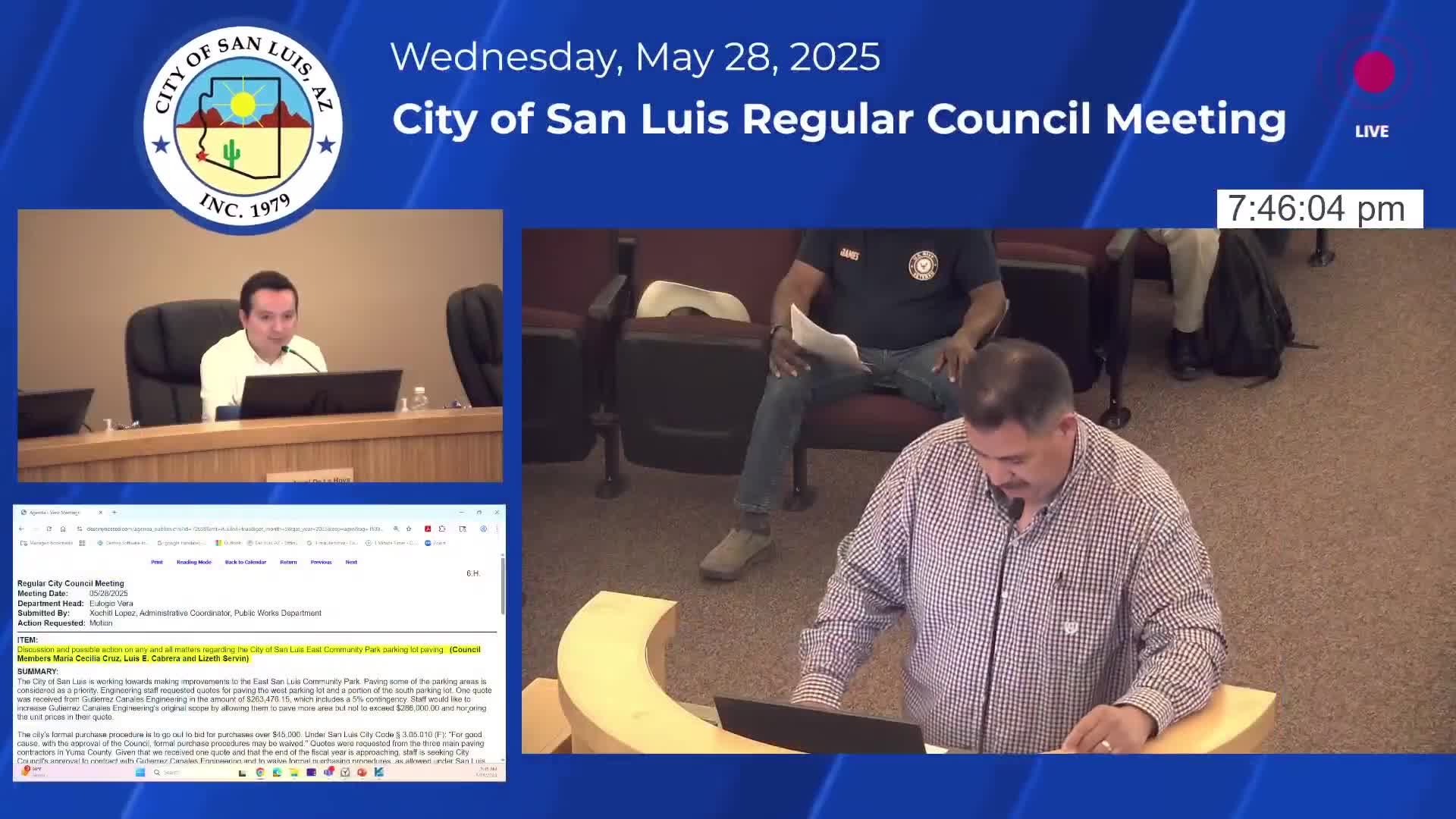 Council approves $286,000 paving of East San Luis Community Park parking area; mayor abstains