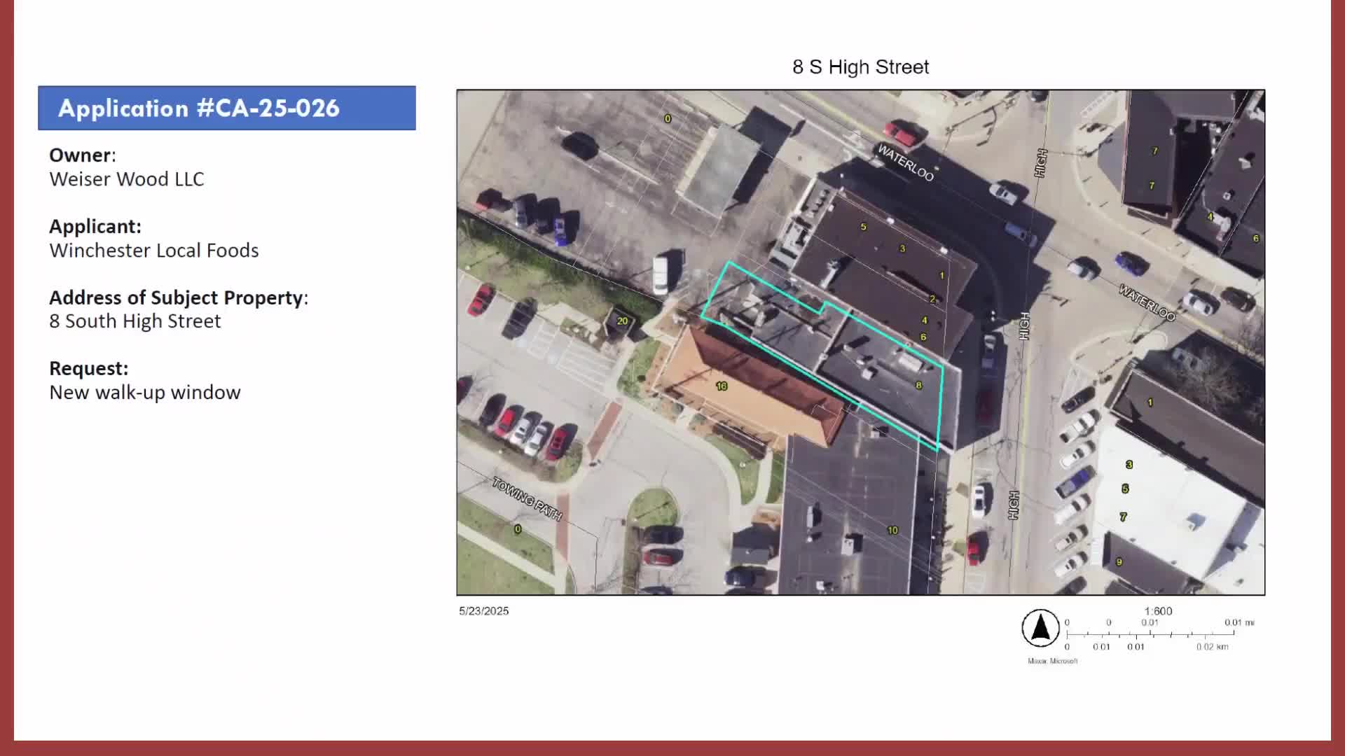 Commission approves walk-up café window, awning and planters at 8 South High Street; awning color set to forest green and off-white