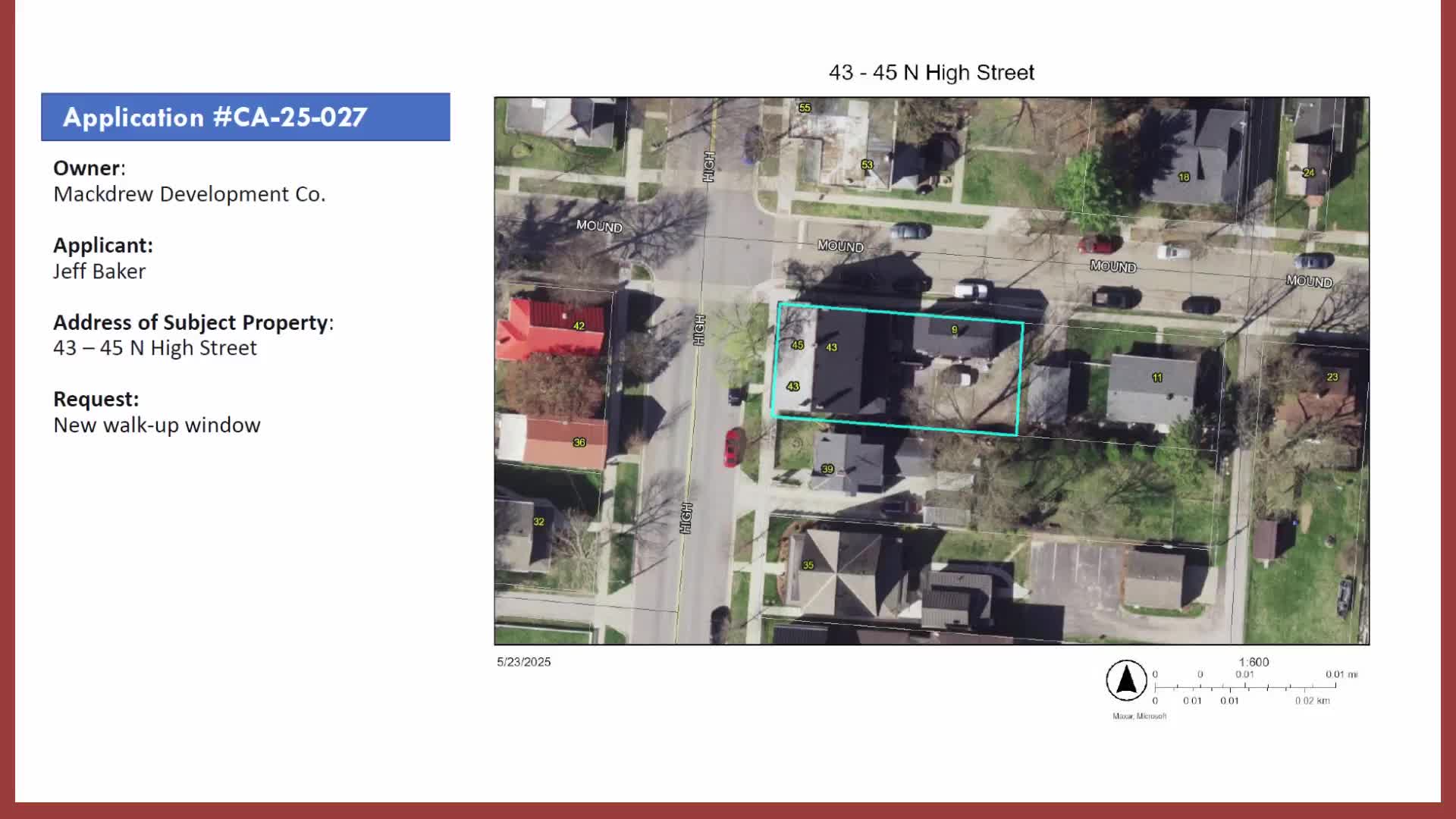 Commission approves K‑style gutters and wood fascia repairs for High Street house with condition to match white trim
