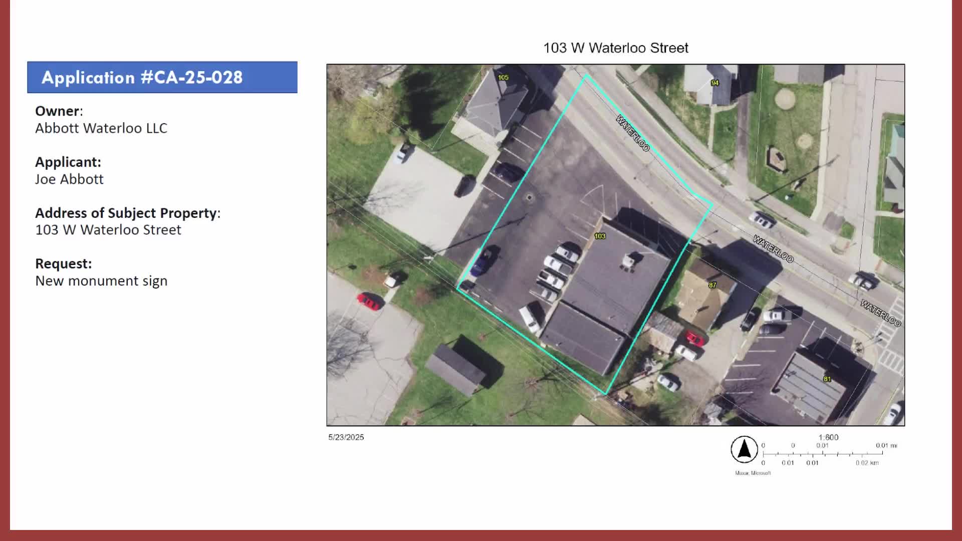 Commission approves multi-tenant monument sign at 103 West Waterloo with relocation condition