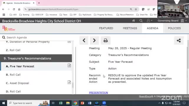 Board adopts updated five‑year forecast; treasurer warns levy planning window is approaching