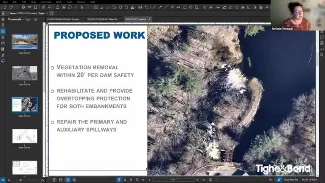 Presenter outlines dam rehabilitation plan including vegetation removal, riprap and spillway repairs