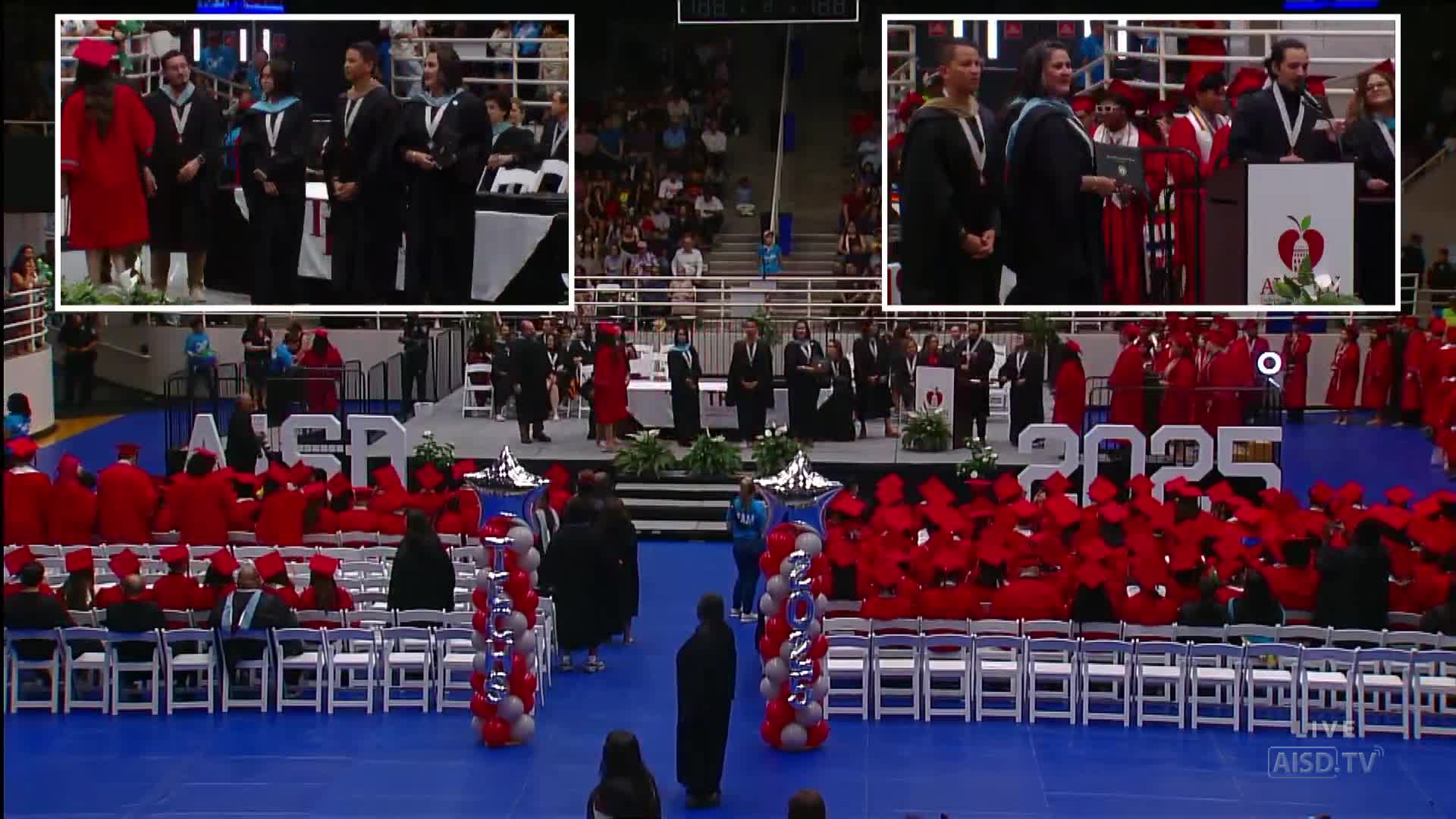 Former AISD trustee Ophelia Zapata presents diplomas at Austin graduation ceremony
