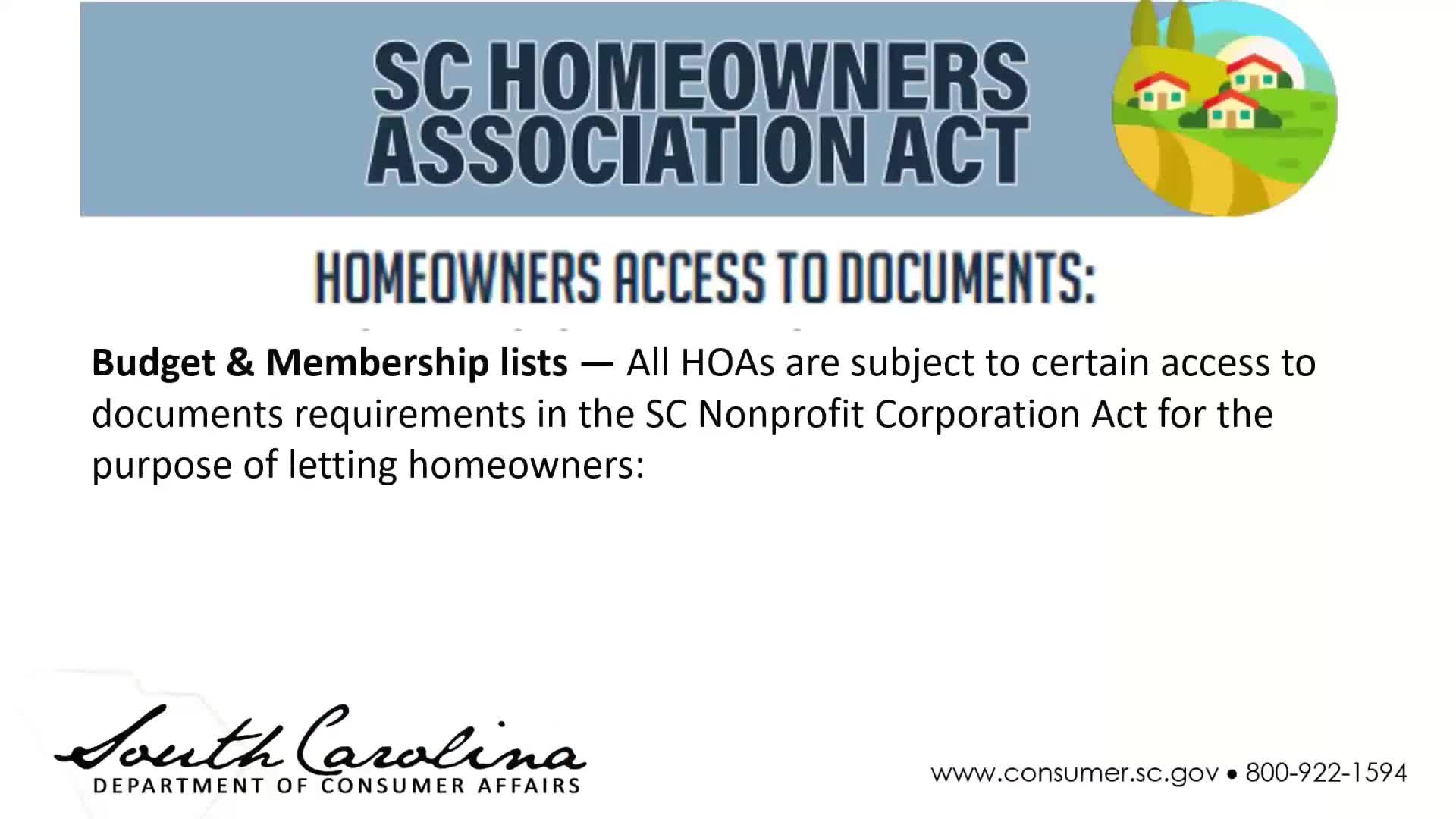 South Carolina HOA Act mandates document access and meeting notice for budget changes