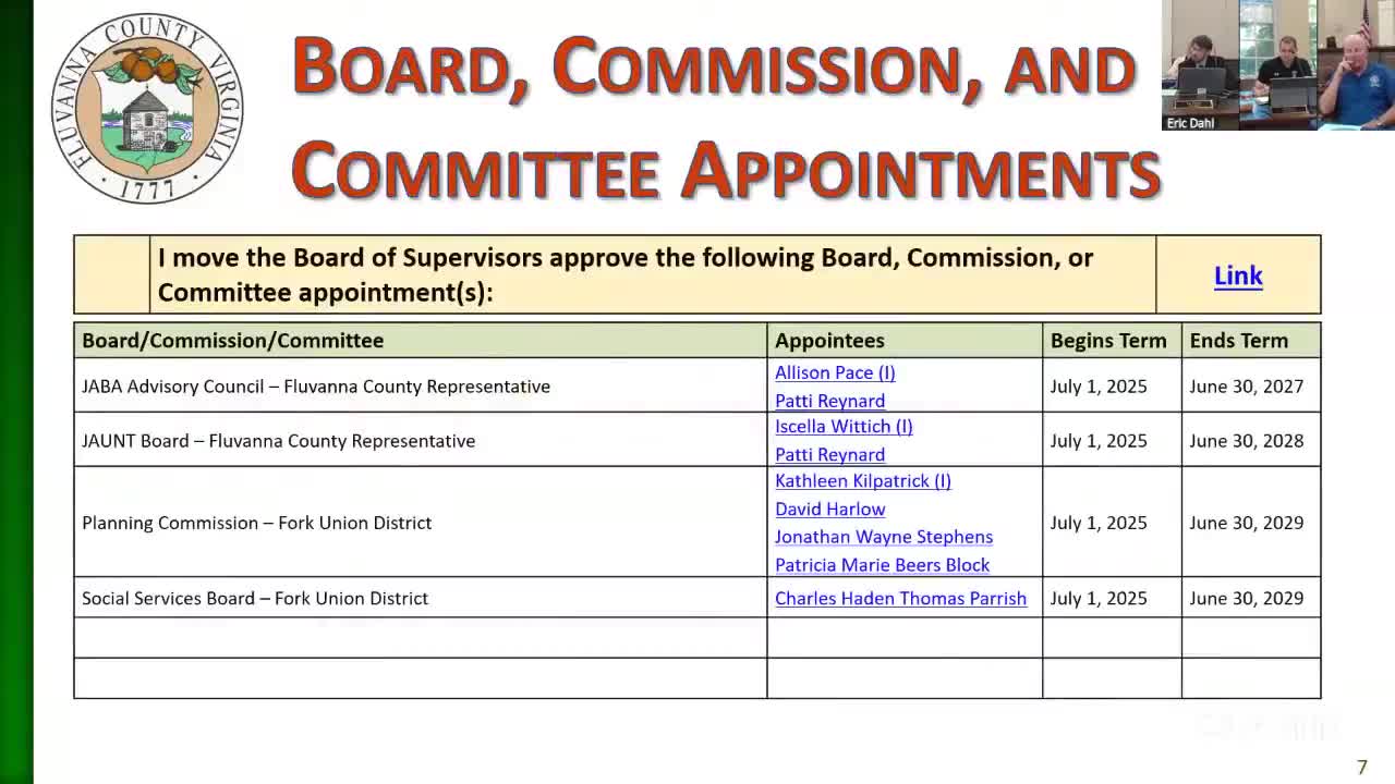 At a glance: key votes and public‑hearing advertisements from the June 4 Fluvanna County supervisors meeting