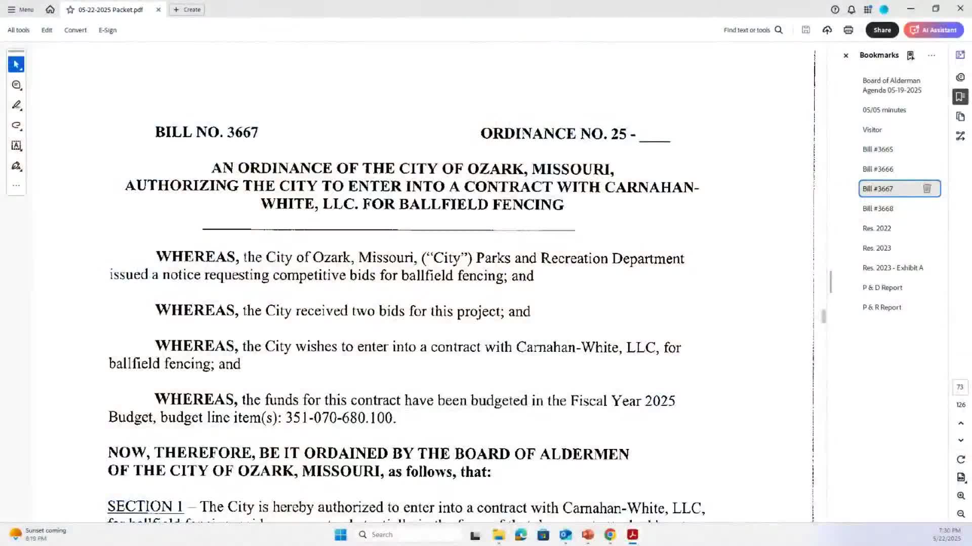 Board reviews contract for new fencing at Finley River Park youth field; base bid is for 4‑foot panels