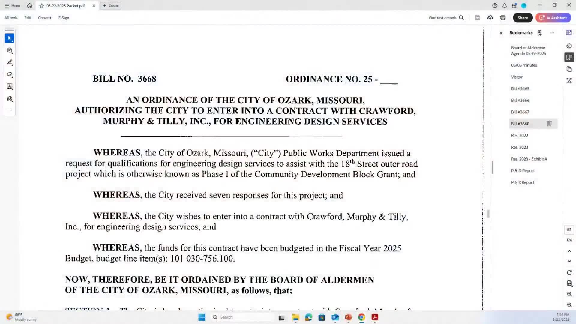 Council hears presentation and places first reading on engineering contract for Outer Road (CDBG‑funded) project