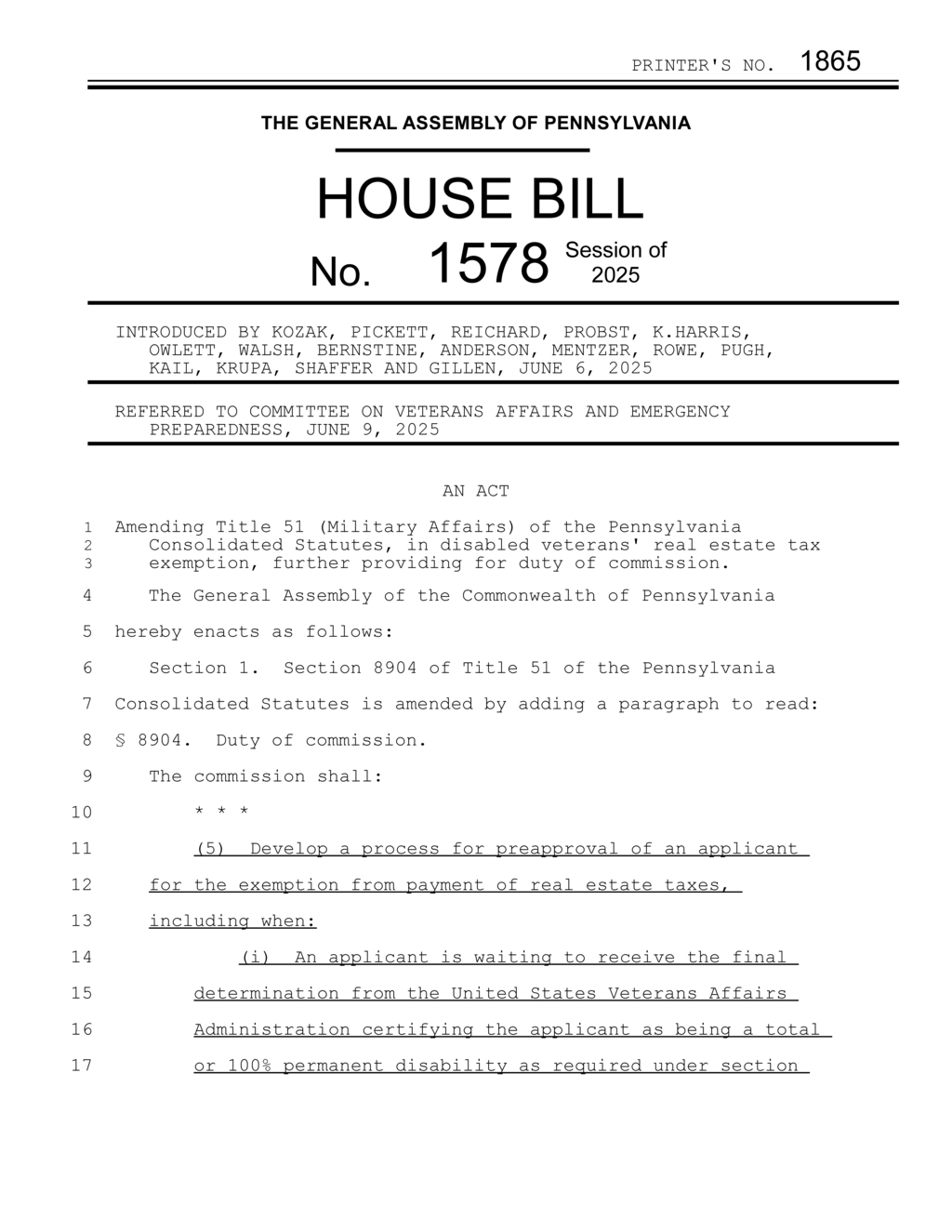 Pennsylvania House Bill 1578 revises disabled veterans real estate tax exemption process