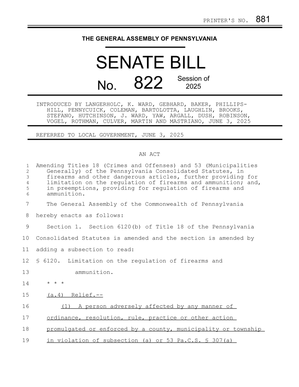 Pennsylvania Senate Bill 822 amends firearm regulation laws
